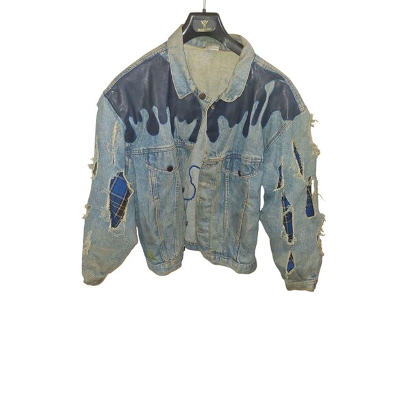 Custom Vintage Denim Jacket Trucker Size L Sauce Blue Plaid Drip Rizz Ripped - Picture 7 of 11